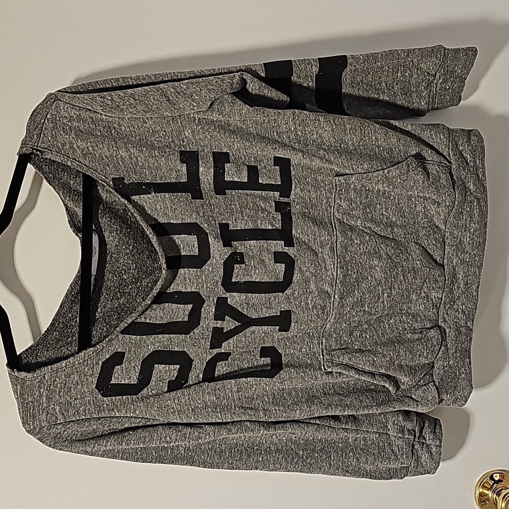 Soulcycle off the shoulder Gray sweater. Distressed neckline. Size Large